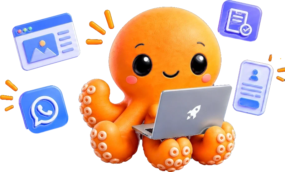 Octy con su laptop rodeado de una página web, WhatsApp y formularios