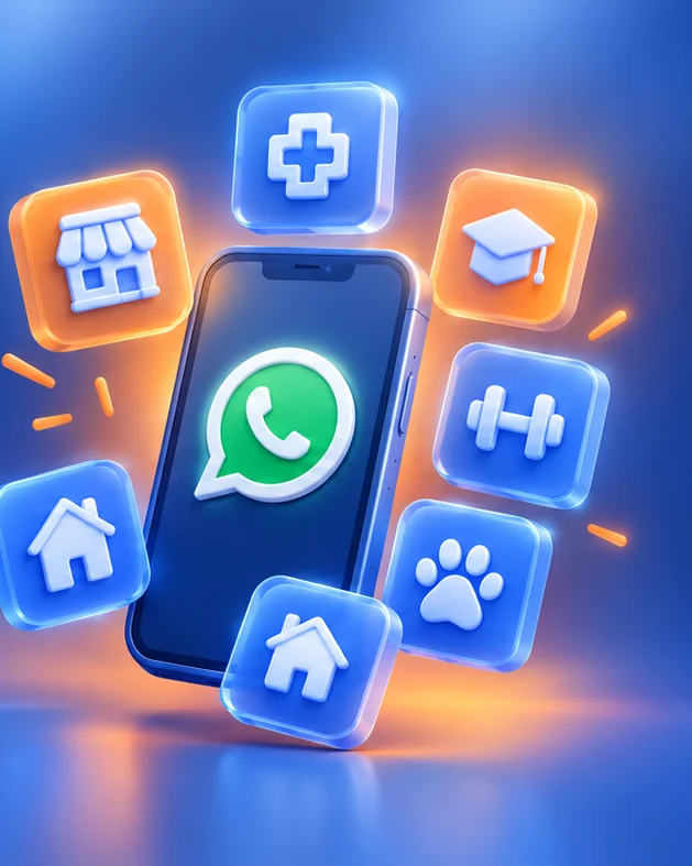 Celular con WhatsApp rodeado de íconos de distintos negocios