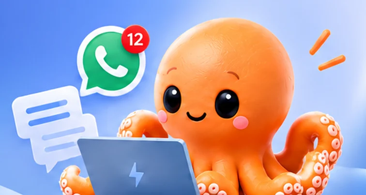 Octy frente a su laptop con 12 mensajes de WhatsApp pendientes